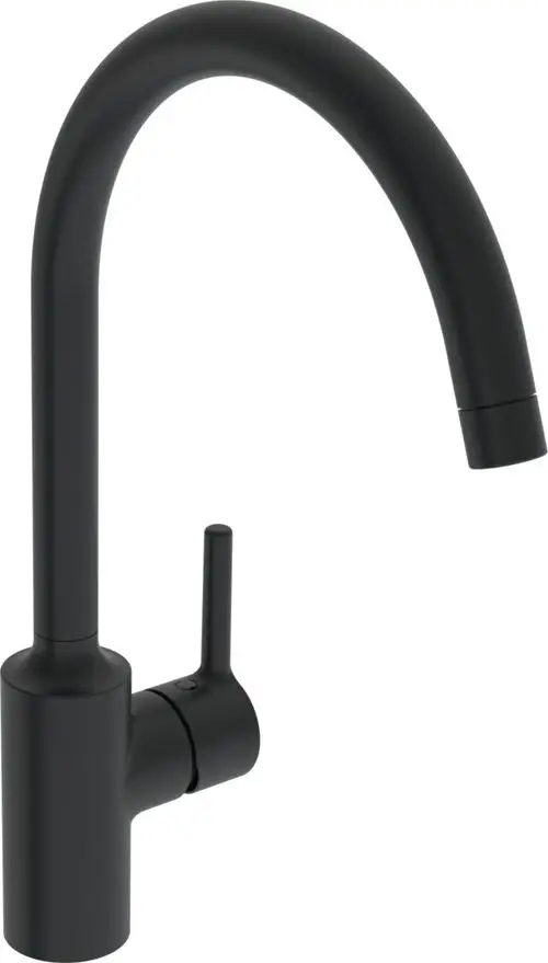 Schwarze Küchenarmatur von HANSA mit gebogenem Auslauf und seitlichem Hebel zur Wasserregelung, geeignet für moderne Küchen.